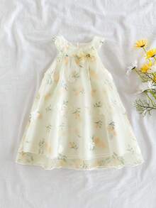 SHEIN Vintaside Kids 女婴无袖刺绣花卉连衣裙，甜美风格，优雅公主造型，适合节日和聚会 - 金色 - 查看 4