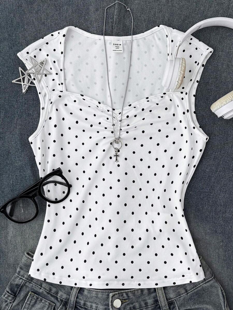 SHEIN 少女黑白波点印花褶皱针织休闲百搭T恤，春夏款