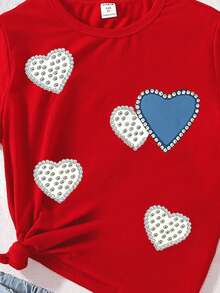 1件少女休闲时尚创意个性化清新别致简约牛仔效果爱心仿珍珠印花舒适基础款短款T恤，适合情人节及所有季节 - 酒紅色 - 查看 7