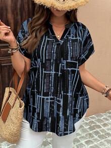 Rosumi 大码撞色印花休闲短袖衬衫 - 藍色 - 查看 4