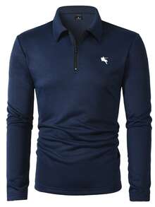 Manfinity Homme 男士长袖拉链刺绣领 Polo 衫，适合居家、外出和聚会穿着 - 寶藍色 - 查看 6