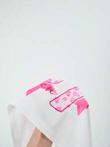 SHEIN ChillGRL Tween Girls' Casual Letter Striped V-Neck Off Shoulder Loose T-Shirt & Numeric Graphic Tee With Chic Utility Straight Leg Pocket Pants 2-Piece Set, Fashionable Spring/Summer/Autumn - Pink - View 3