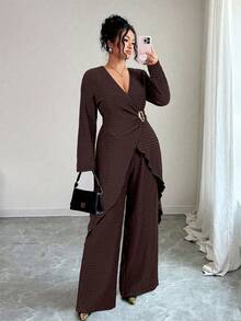 Elenzga Bộ đồ nữ cỡ lớn gồm áo tay dài và quần dài, kiểu dáng thanh lịch, trang trí kim loại, thích hợp cho mùa Thu/Đông. - màu nâu - Xem 5