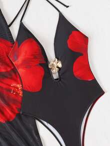 Swim Oasis 女士碎花裙泳衣，分体印花连体泳衣套装，配有网纱长裙和金属花瓣装饰 - 彩色 - 查看 8