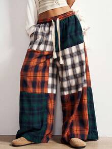 Bohemela 女士休闲宽松格子拼接阔腿裤 - 彩色 - 查看 4