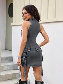 Jeanoix Đầm denim ôm sát cơ thể không tay thời trang kiểu Y2K dành cho nữ, có khóa kéo phía trước và khoen xỏ, dây buộc. - Xám - Xem 2