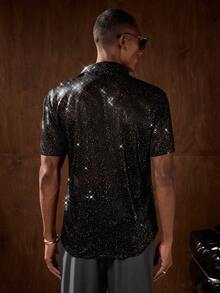 AKNOTIC Business Casual 男士时尚性感透视金属箔短袖衬衫，夏季 - 金色 - 查看 5