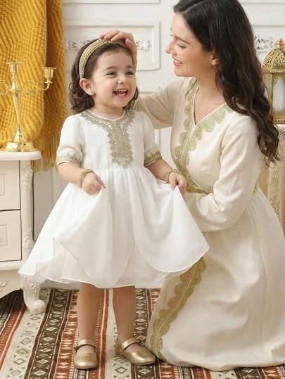 SHEIN Infant Girls' Sweet Summer Short Sleeve Chiffon Dress, Middle Eastern Traditional Style, Comfortable & Fashionable, White