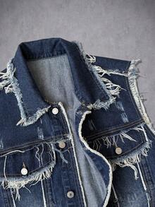 Manfinity Roughcore Men's Washed Vintage Distressed Denim Vest, Navy Blue Fringe Denim Vest - Blue - View 6