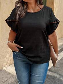 SHEIN LUNE Black Plus-Size Blouse - Crew Neck, Ruffled Puff Sleeves, Contrast Trim & Textured Fabric, Fashionable Casual Spring & Summer Shirt - Black - View 3