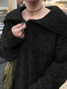 FRIFUL Women's Solid Color High Neck Dropped Shoulder Long Sleeve Loose Casual Versatile Long Straight Sweater Dress, Autumn/Winter - Black - View 5