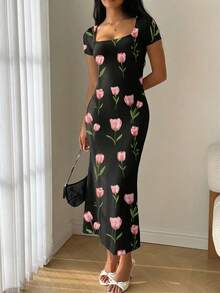 Modelyn Summer Sweetheart Neckline Mermaid Ruffle Hem Bodycon Dress Tulip Dress Long Dress Summer Floral Print Dress Spring Long Bodycon Dress Short Sleeve Dress - Multicolor - View 4