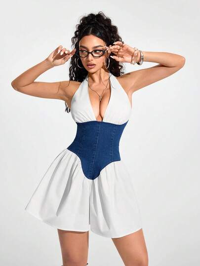 Jeanoix Women's Contrast Color Patchwork Backless Halter Denim Romper