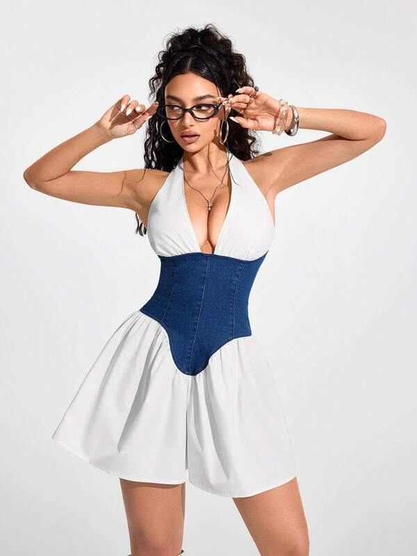 Jeanoix Women's Contrast Color Patchwork Backless Halter Denim Romper