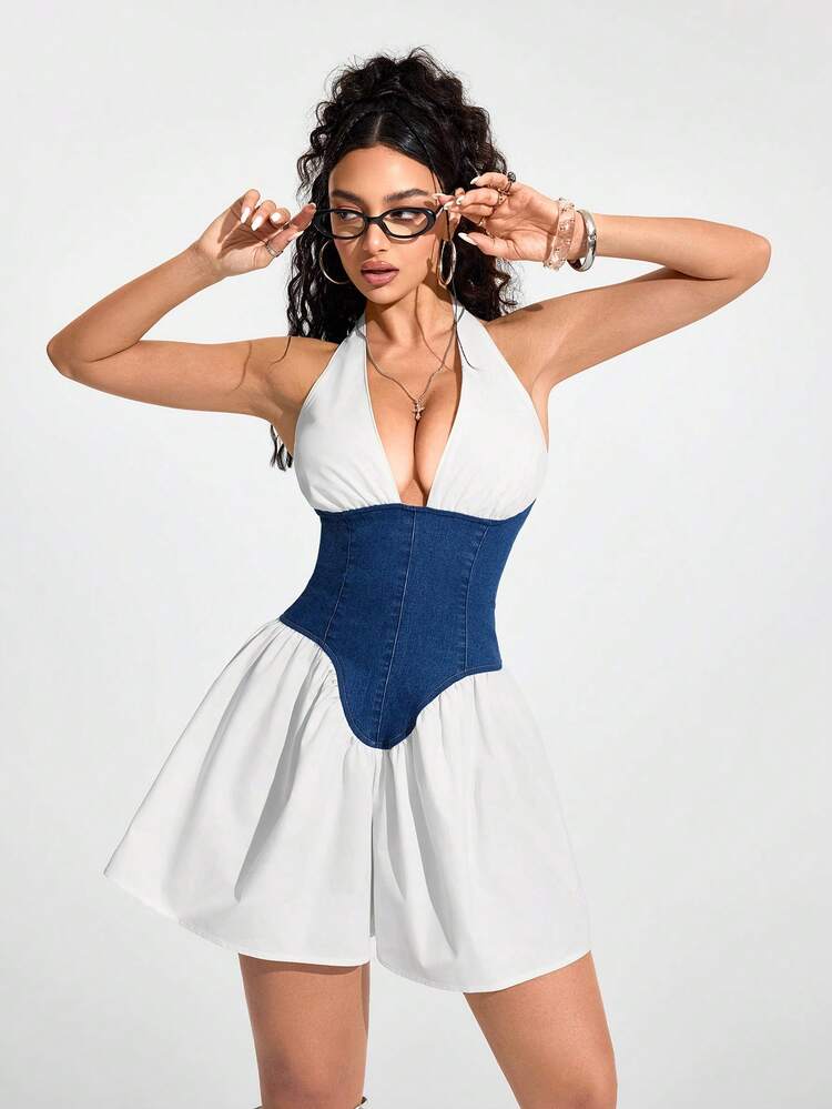 Jeanoix Women's Contrast Color Patchwork Backless Halter Denim Romper - Blue - View 1