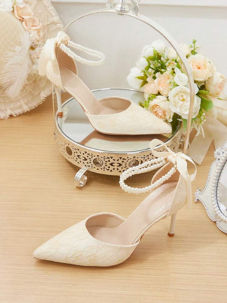 CUCCOO HITCHD Pointed Toe Thin High Heel Faux Pearl Bow Lace Women's High Heel Pumps, Fashionable & Elegant For Wedding, Evening Party, Hollow Out Dress Shoes Elegant Shoes Wedding Shoes Summer Shoes Bride Shoes