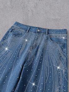 Manfinity Denimwave 时尚水钻装饰牛仔阔腿裤，男女皆宜的街头服饰 - 藍色 - 查看 4