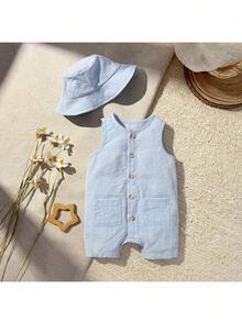 Loomiva Bộ đồ 2 món cho bé gái sơ sinh: áo liền quần không tay kẻ sọc nhiều màu sắc và mũ. - Màu xanh lam - Xem 9