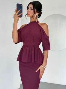 Firerie Elegant, Refined, Dignified, Romantic, Fashion, Commute, Urban, Modern, Vacation, Date, Party, Music Festival, Birthday Gathering, Halter Neck, Cold Shoulder, Draped, Cinched Waist, X-Shaped, Eggplant Purple Blouse - Red Violet - View 3