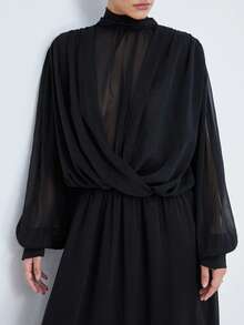 Aveloria Modichic New Arrival Fashionable Elegant Women's Stand Collar Semi-Sheer Pleated Dress - Black - View 1