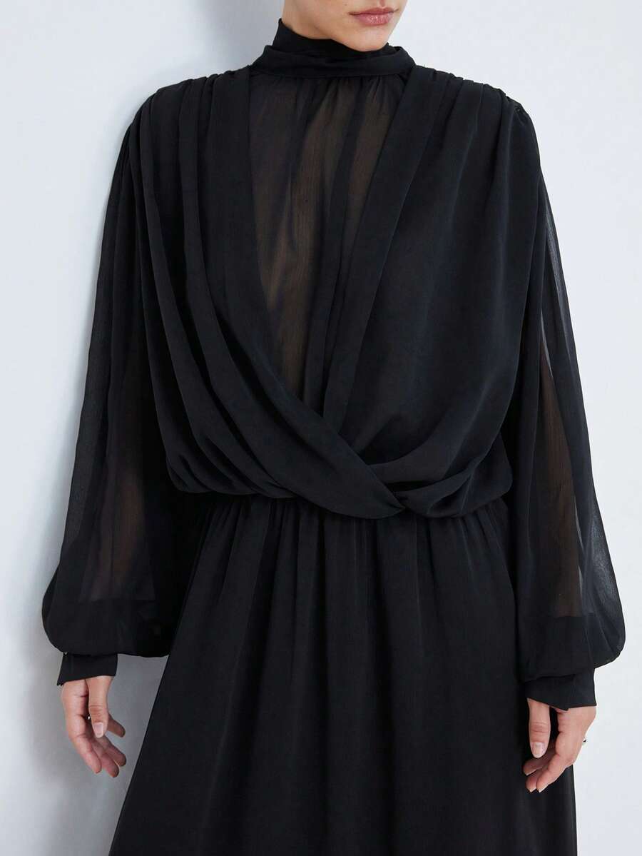 Aveloria Modichic New Arrival Fashionable Elegant Women's Stand Collar Semi-Sheer Pleated Dress - Black - View 1
