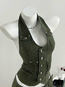 Elamini Women's Front Button Backless Halter Denim Blouse - Army Green - View 5