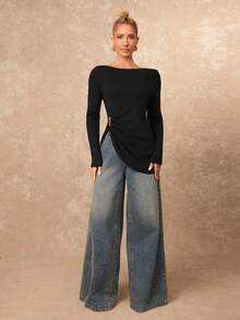 Lumalex 女士纯色船领长袖褶皱修身时尚T恤 - 黑色 - 查看 5