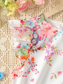 SHEIN 少女衬衫套装，白色绿色，花朵印花飞袖荷叶边上衣和纸袋腰裤两件套，休闲旅行、假日、度假 - 綠色 - 查看 7