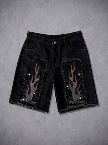 Manfinity Denimwave American Distressed Rhinestone Flame Embellished Jeans - Black - View 1
