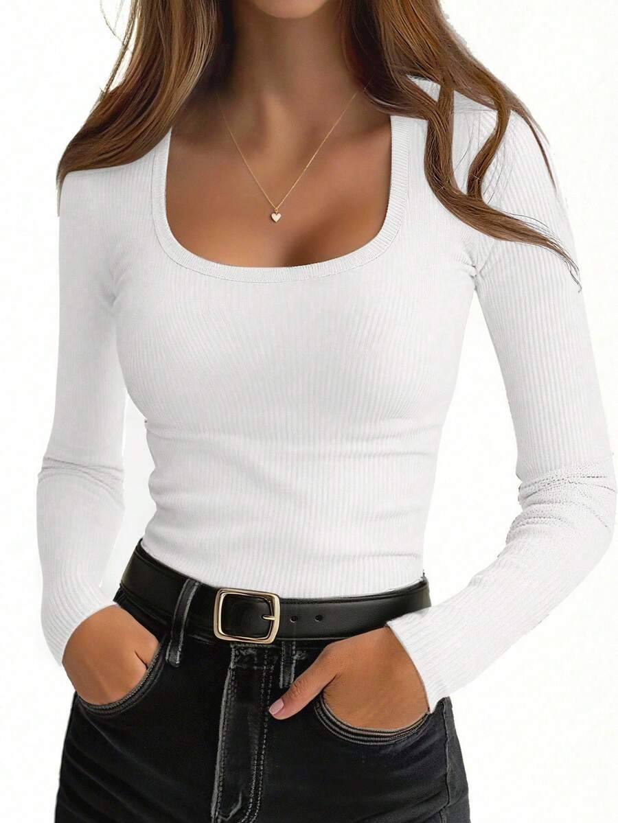 Women's Solid Color Minimalist Long Sleeve Bodysuit, Everyday Wear - White - View 1