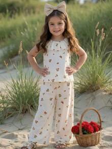 SHEIN Conjunto de Top Regata e Calça com Estampa Floral para Meninas Jovens - Damasco - Visão 8