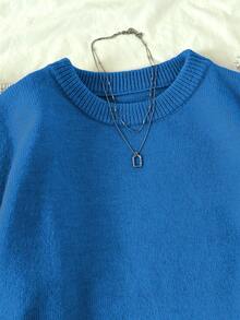 Elamini 女士纯色简约休闲圆领长袖套头毛衣 - 寶藍色 - 查看 5