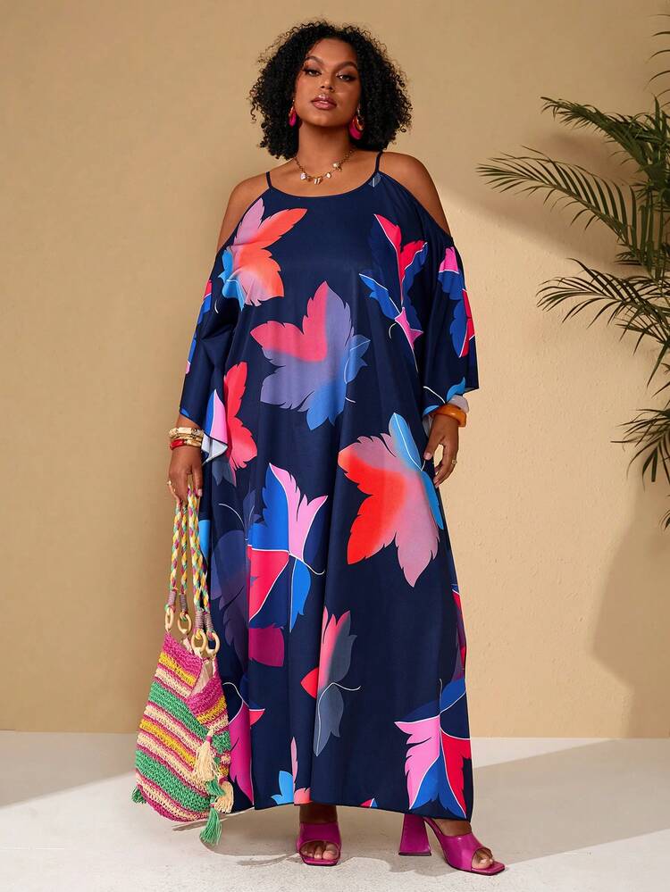 Plus Size Women's Summer Casual Vacation Spring Off-Shoulder All-Over Floral Print Colorful Leaf Print Extra Loose Fit Long Dress/Summer,Summer Holiday,Spring Break Outfits ,Vacation Outfits Women ,Holiday Outfits For Women,Going Out Outfits,2026 New Clothes,Simple And Fashionable For Everyday Wear,Casual Dresses For Women,Flowy Long Dress , Plus Size Hawaiian Dress, Plus Size Maxi Summer Dress, Loose Summer Dress Plus Size Beach Dress Plus Size Resort Wear Plus Size Vacation Dress