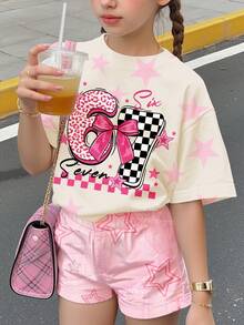 2pcs Tween Girls Casual Graphic Tee & Shorts Set, 67 Sports Number, Leopard, Checkerboard, Star Print, Relaxed Fit Short Sleeve Outfit For Spring/Summer Daily, Home, Sports, Street, Chill Chill, POV - Multicolor - View 6