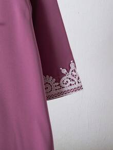 1pc Girls' Modest Water-Soluble Lace Trim 3/4 Sleeve Dress, Regular Thickness Woven Fabric, Suitable For Daily Wear, Outings, Festivals, Parties In Middle East Region, Fits Girls Aged 8-12, Spring/Summer - Red Violet - View 6