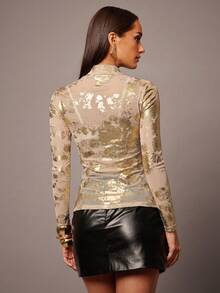 Silquee Áo tay dài bằng vải lưới xuyên thấu, cổ đứng, in họa tiết vàng, kiểu dáng ôm sát, thích hợp cho các dịp thường ngày, hẹn hò, đi chơi đêm, câu lạc bộ, tiệc tùng, phù hợp cho buổi hẹn hò hàng ngày, đi chơi đêm, câu lạc bộ, đám cưới, tiệc tùng, tiệc cocktail, hẹn hò gợi cảm. - Màu be - Xem 2