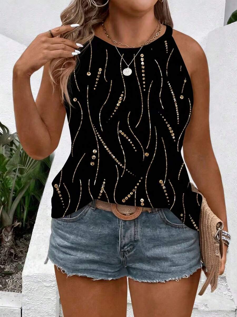 EMERY ROSE Plus Size Fashionable Metallic Meteor Shower Print Black Versatile Tank Top - Multicolor - View 1