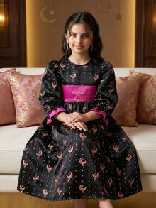 SHEIN رمضان Tween Girl Ditsy Floral Long Sleeve Dress الملابس التقليدية العربية - Black - View 2