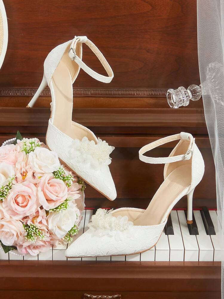 CUCCOO HITCHD Women's Pointed Toe High Heel Faux Pearl Mesh 3D Floral Lace White Bridal High Heel Pumps, Fashion Elegant Wedding Party Evening Hollow Out Heels Valentine's Day Elegant Shoes Wedding Shoes