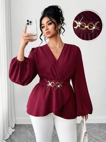 Elenzga Plus Size Women's Burgundy Elegant Autumn Blouse,Metal Decor Waist Cinched A-Line Flowy Top,V-Neck Lantern Long Sleeve Shirt For Dinner & Holidays - Burgundy - View 6