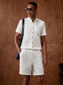 AKNOTIC Business Casual Manfinity Modomio 男士两件套梭织立领修身短袖休闲衬衫套装，适合日常穿着、沙滩男士衬衫、沙滩男士衬衫、男士正装衬衫、男士短裤套装、两件套沙滩套装 - 白色 - 查看 8