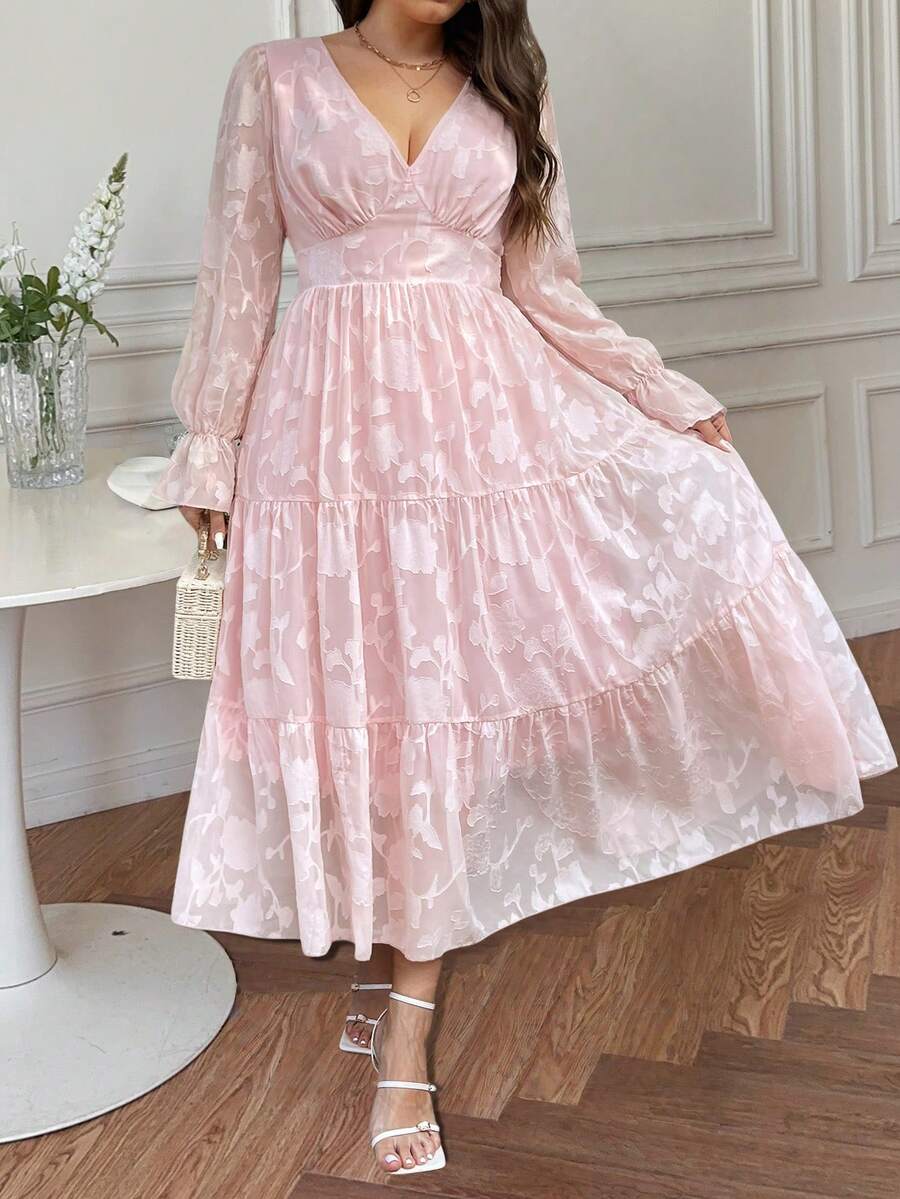 Vibekara 优雅复古公主宫廷蕾丝边提花雪纺A字及地长裙，大码女装，粉色薄纱 - 粉色 - 查看 1