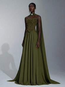 Elitara Elegant Luxurious Handmade Rhinestone Decor Strapless Flowy Patchwork Elastic Knit & Chiffon Maxi Dress For Weddings,Events,Galas,Formal Occasions - Army Green - View 5