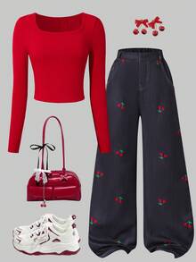 SHEIN Casual Denim Outfit For Teens - Fashionable And Fresh Pairing Of Jeans And Cropped Top, Suitable For Outdoor And Daily Wear, Snug Fit And Sweet Denim Set