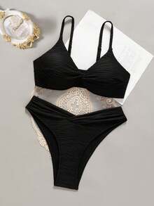 Swim Chiccia Women's Solid Color Sexy Minimalist Fashion Textured Fabric Bikini Set, Spring/Summer - Black - View 3