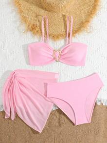 SHEIN Teen Girls Bikini Sets,Pink Mesh Knitted Strapless Top,3 Piece Bathing Suit With Sarong Skirt Triangle Pants,Elegant Summer Beach Vacation Holiday - Pink - View 5
