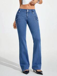 Jeanoix Women's Casual Versatile Flare Jeans With Pockets - Blue - View 3