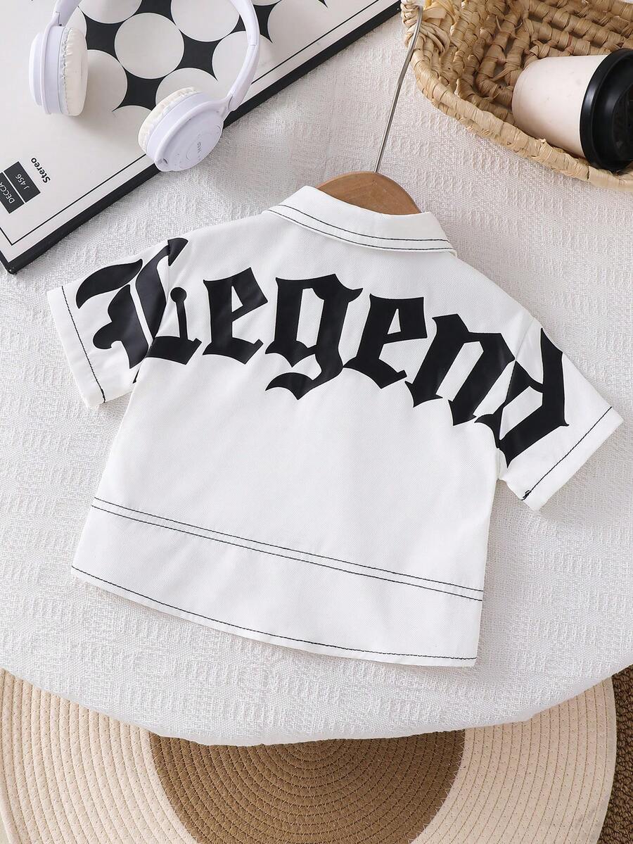 SHEIN Baby Boy Girl Summer Casual White Short Sleeve Woven Shirt,City Break Letter Print Workwear Style Versatile Comfortable Top For Daily Party Holiday - White - View 1