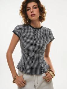 Poéselle 女士休闲格子蕾丝边衬衫，夏季 - 黑與白 - 查看 1