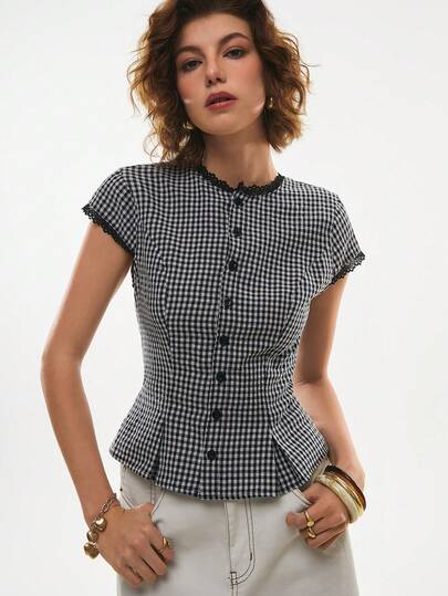 Poéselle Women's Casual Plaid Lace Trim Blouse, Summer